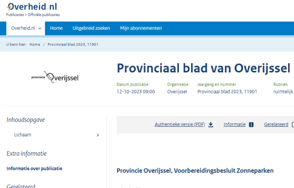 Voorbereidingsbesluit provincie Overijssel zonneparken (12 oktober 20230.